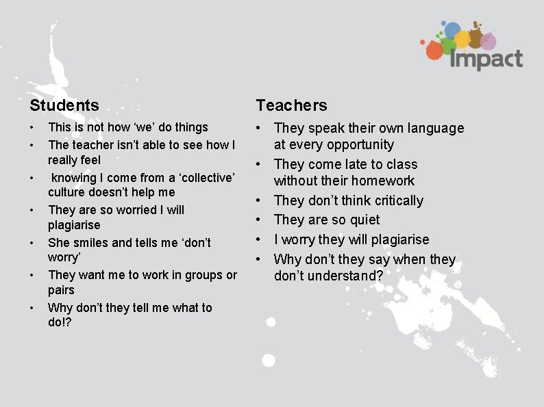 Students Teachers • • • They speak their own language at every opportunity •