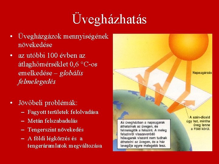 Üvegházhatás • Üvegházgázok mennyiségének növekedése • az utóbbi 100 évben az átlaghőmérséklet 0, 6