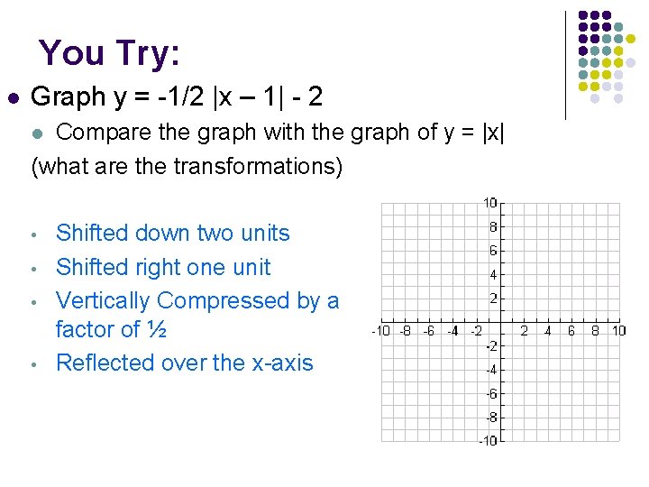You Try: l Graph y = -1/2 |x – 1| - 2 Compare the