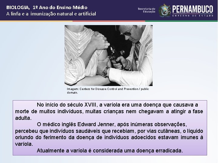 BIOLOGIA, 1º Ano do Ensino Médio A linfa e a imunização natural e artificial