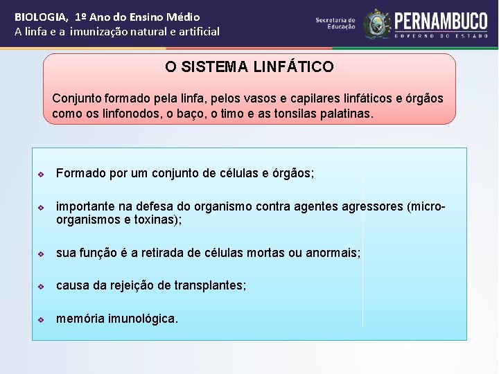 BIOLOGIA, 1º Ano do Ensino Médio A linfa e a imunização natural e artificial