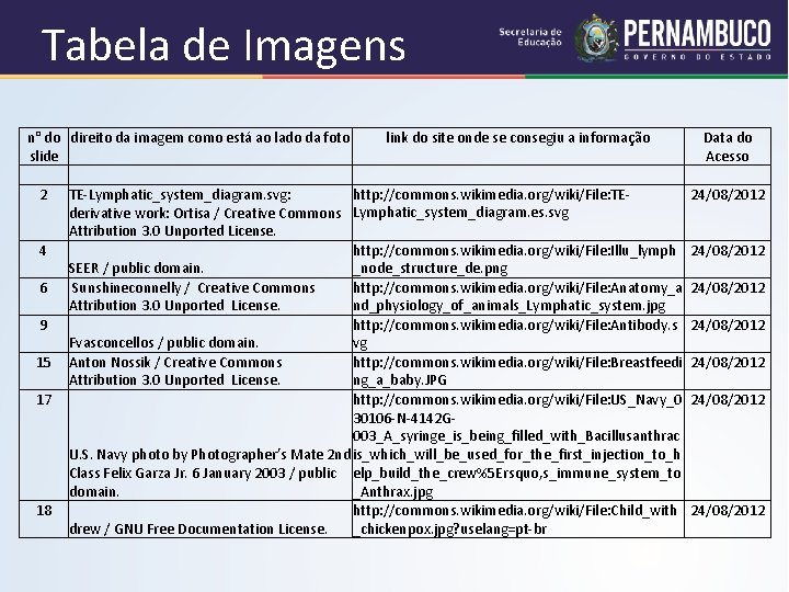 Tabela de Imagens n° do direito da imagem como está ao lado da foto