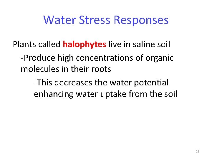 Water Stress Responses Plants called halophytes live in saline soil -Produce high concentrations of