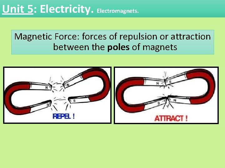 Unit 5: Electricity. Electromagnets. Magnetic Force: forces of repulsion or attraction between the poles Unit 5: Electricity. Electromagnets. Magnetic Force: forces of repulsion or attraction between the poles