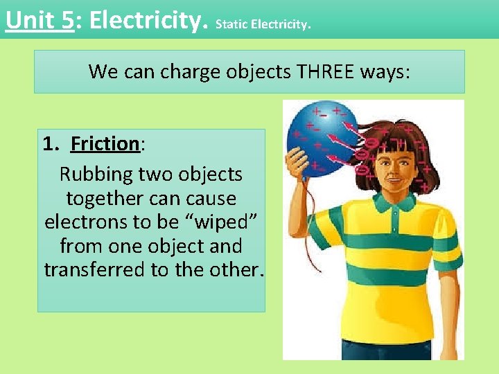 Unit 5: Electricity. Static Electricity. We can charge objects THREE ways: 1. Friction: Rubbing Unit 5: Electricity. Static Electricity. We can charge objects THREE ways: 1. Friction: Rubbing
