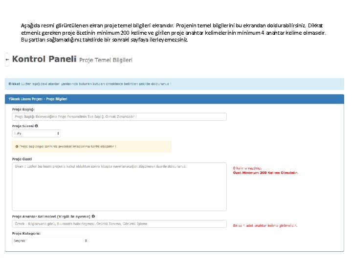 Aşağıda resmi görüntülenen ekran proje temel bilgileri ekranıdır. Projenin temel bilgilerini bu ekrandan doldurabilirsiniz.