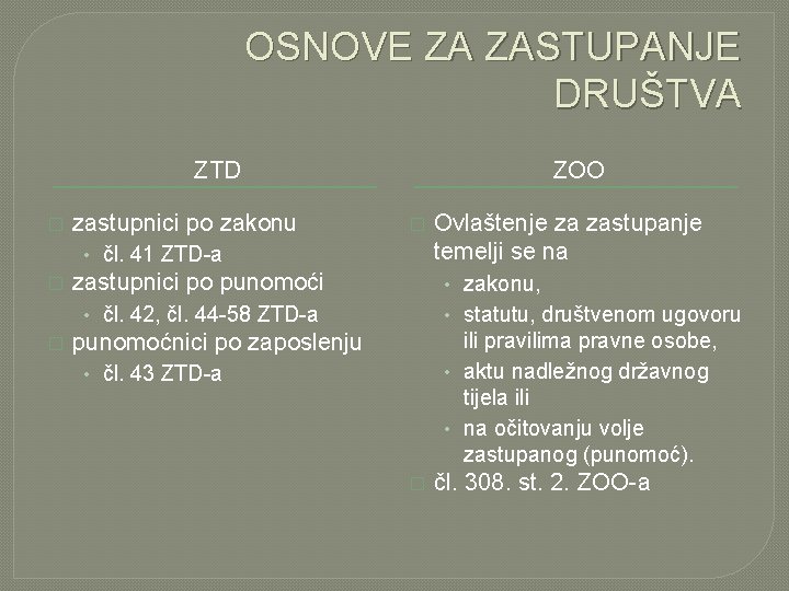 OSNOVE ZA ZASTUPANJE DRUŠTVA ZTD � zastupnici po zakonu ZOO � • čl. 41