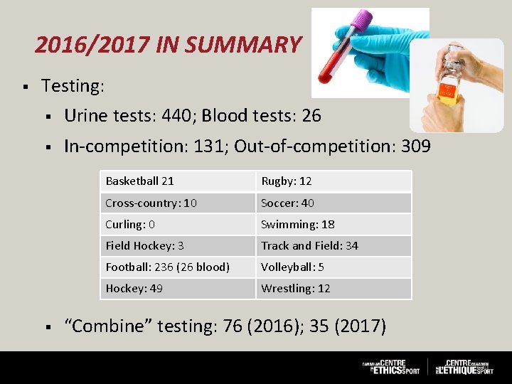 2016/2017 IN SUMMARY § Testing: § Urine tests: 440; Blood tests: 26 § In