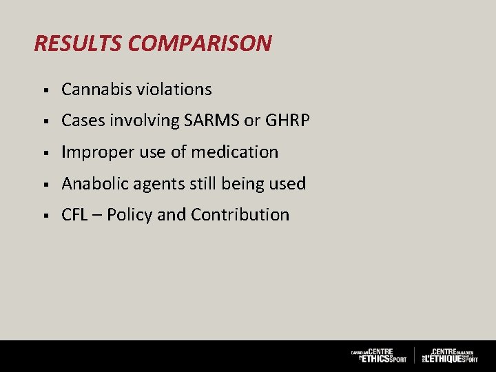 RESULTS COMPARISON § Cannabis violations § Cases involving SARMS or GHRP § Improper use