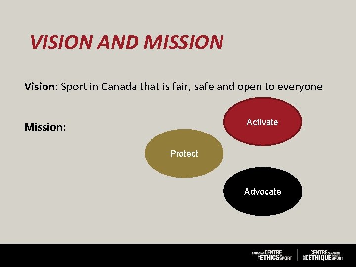 VISION AND MISSION Vision: Sport in Canada that is fair, safe and open to