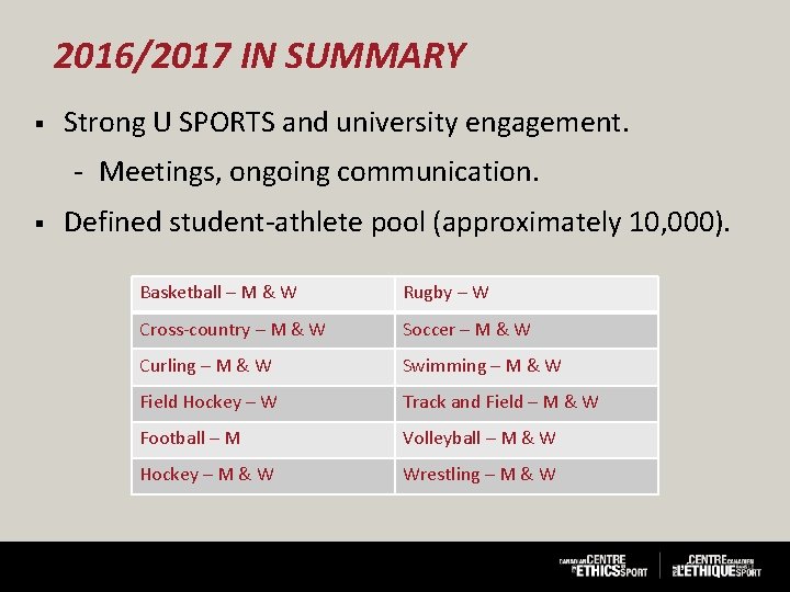 2016/2017 IN SUMMARY § Strong U SPORTS and university engagement. Meetings, ongoing communication. §