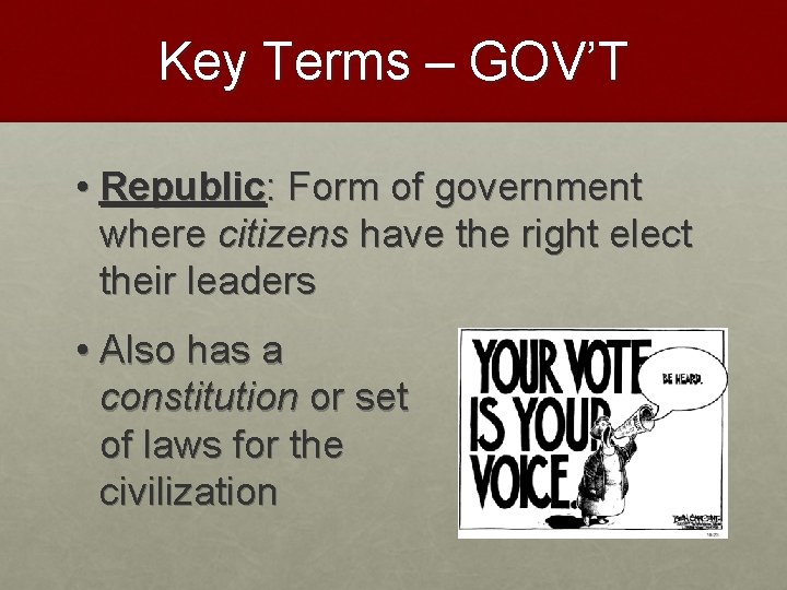 Key Terms – GOV’T • Republic: Form of government where citizens have the right