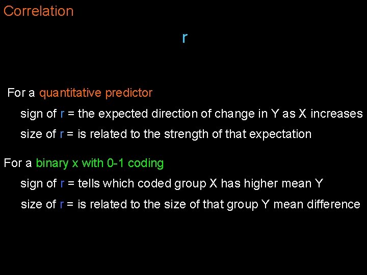 Correlation r For a quantitative predictor sign of r = the expected direction of