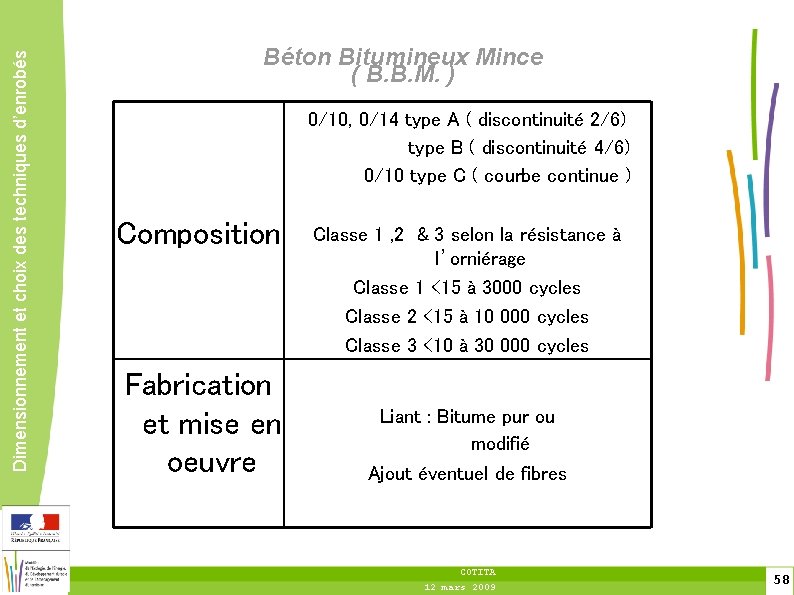 Dimensionnement et choix des techniques d’enrobés Béton Bitumineux Mince ( B. B. M. )