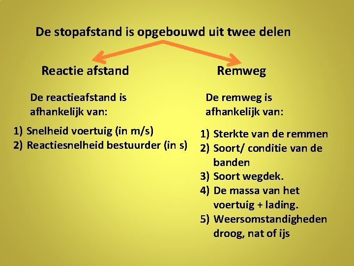 De stopafstand is opgebouwd uit twee delen Reactie afstand De reactieafstand is afhankelijk van: