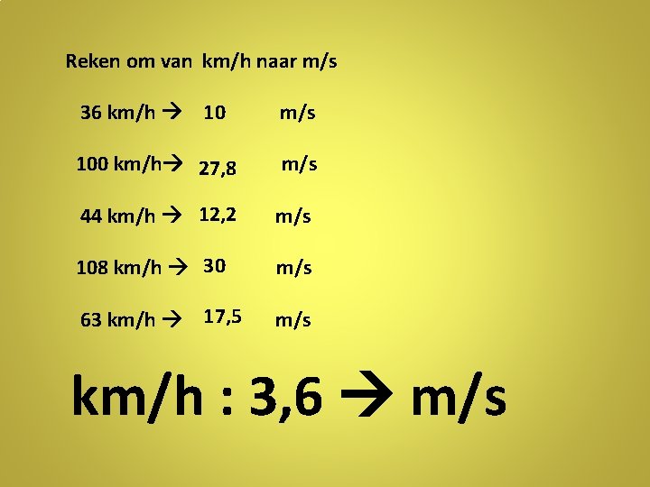 Reken om van km/h naar m/s 36 km/h 10 m/s 100 km/h 27, 8