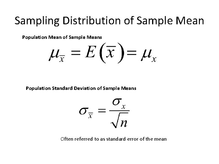 Sampling Distribution of Sample Mean Population Mean of Sample Means Population Standard Deviation of