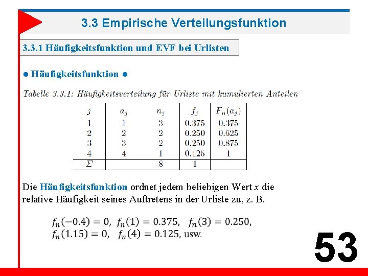 3. 3 Empirische Verteilungsfunktion 3. 3. 1 Häufigkeitsfunktion und EVF bei Urlisten ● Häufigkeitsfunktion