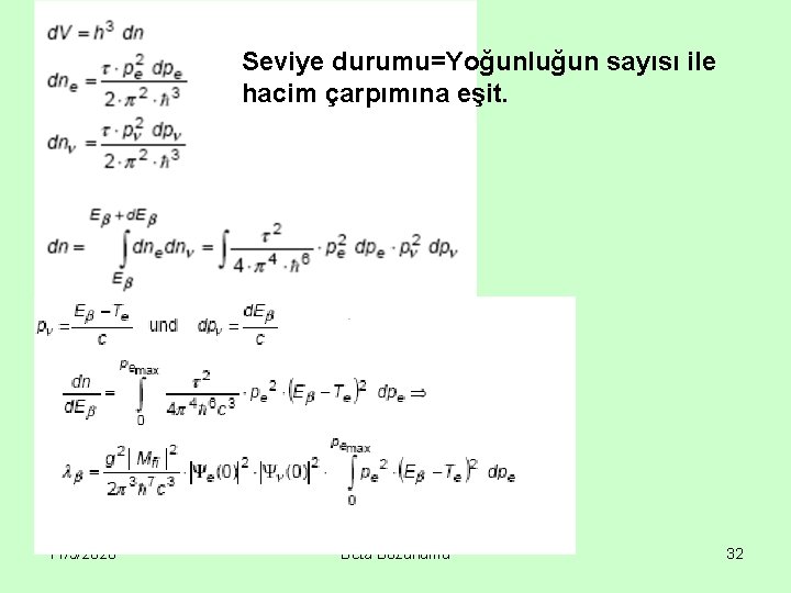 Seviye durumu=Yoğunluğun sayısı ile hacim çarpımına eşit. 11/5/2020 Beta Bozunumu 32 