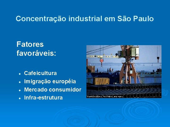 Concentração industrial em São Paulo Fatores favoráveis: l l Cafeicultura Imigração européia Mercado consumidor