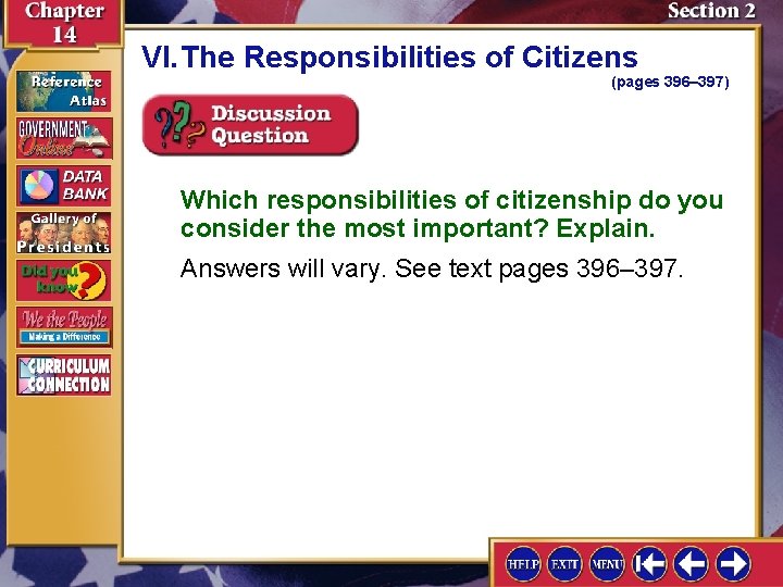 VI. The Responsibilities of Citizens (pages 396– 397) Which responsibilities of citizenship do you
