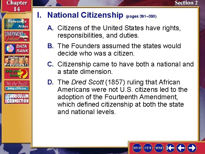 I. National Citizenship (pages 391– 393) A. Citizens of the United States have rights,