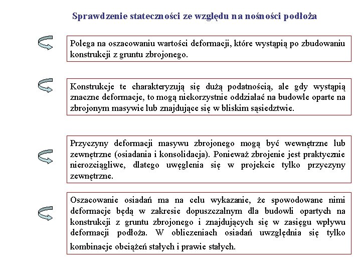 Sprawdzenie stateczności ze względu na nośności podłoża Polega na oszacowaniu wartości deformacji, które wystąpią