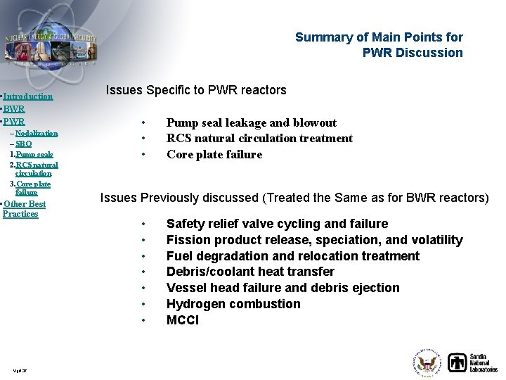 Summary of Main Points for PWR Discussion • Introduction • BWR • PWR –