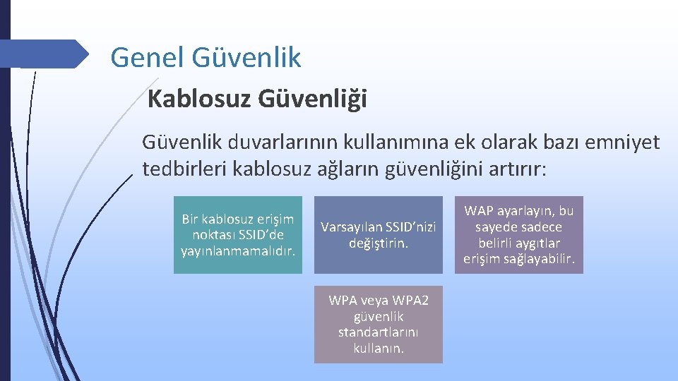 Genel Güvenlik Kablosuz Güvenliği Güvenlik duvarlarının kullanımına ek olarak bazı emniyet tedbirleri kablosuz ağların