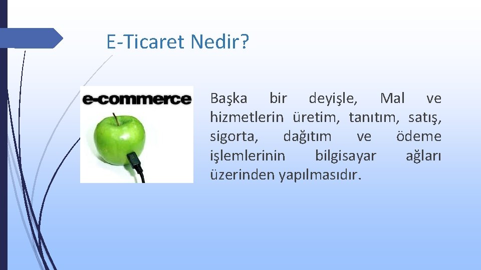 E-Ticaret Nedir? Başka bir deyişle, Mal ve hizmetlerin üretim, tanıtım, satış, sigorta, dağıtım ve
