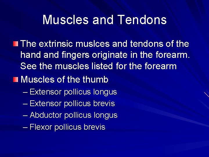 Muscles and Tendons The extrinsic muslces and tendons of the hand fingers originate in