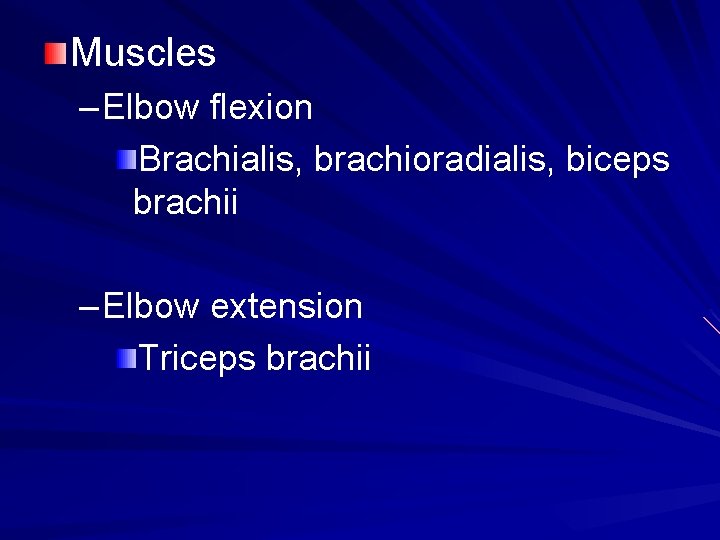 Muscles – Elbow flexion Brachialis, brachioradialis, biceps brachii – Elbow extension Triceps brachii 