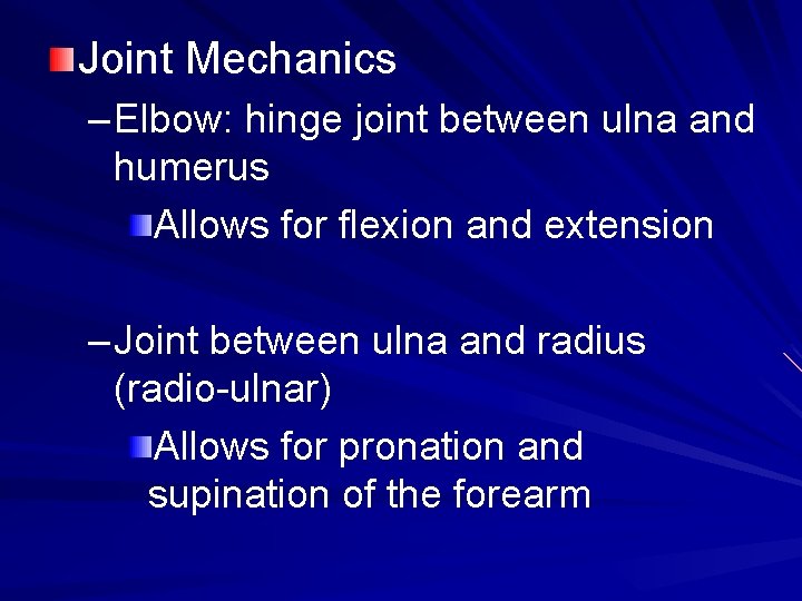 Joint Mechanics – Elbow: hinge joint between ulna and humerus Allows for flexion and
