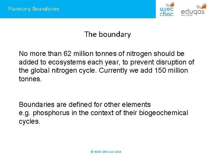 Planetary Boundaries The boundary No more than 62 million tonnes of nitrogen should be