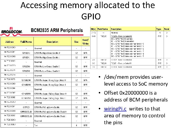 Accessing memory allocated to the GPIO • /dev/mem provides userlevel access to So. C Accessing memory allocated to the GPIO • /dev/mem provides userlevel access to So. C