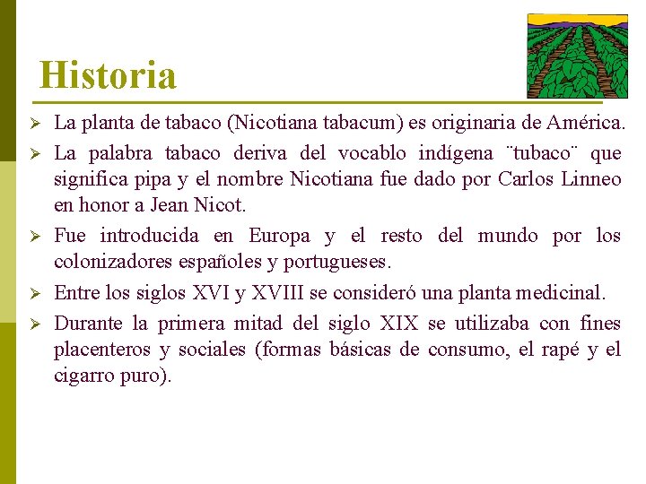 Historia Ø Ø Ø La planta de tabaco (Nicotiana tabacum) es originaria de América.