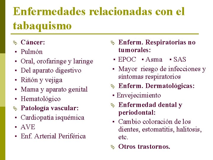 Enfermedades relacionadas con el tabaquismo Ä ▪ ▪ ▪ Cáncer: Pulmón Oral, orofaringe y