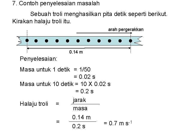 7. Contoh penyelesaian masalah Sebuah troli menghasilkan pita detik seperti berikut. Kirakan halaju troli