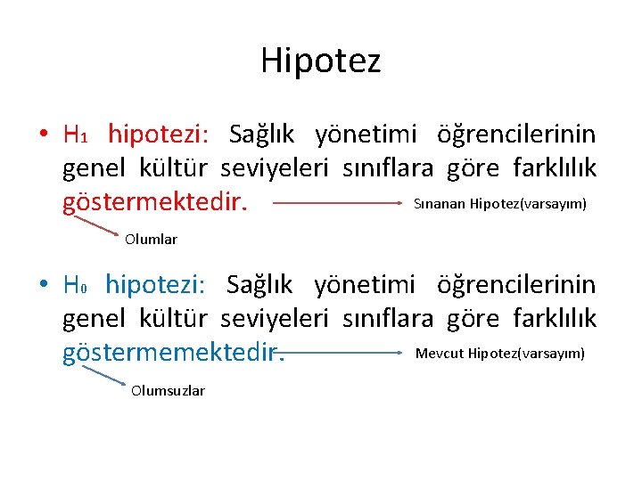 Hipotez • H 1 hipotezi: Sağlık yönetimi öğrencilerinin genel kültür seviyeleri sınıflara göre farklılık