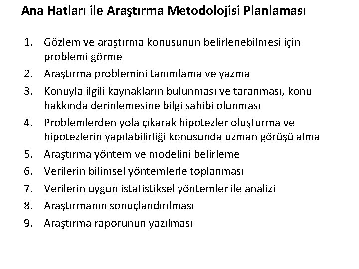Ana Hatları ile Araştırma Metodolojisi Planlaması 1. Gözlem ve araştırma konusunun belirlenebilmesi için problemi Ana Hatları ile Araştırma Metodolojisi Planlaması 1. Gözlem ve araştırma konusunun belirlenebilmesi için problemi
