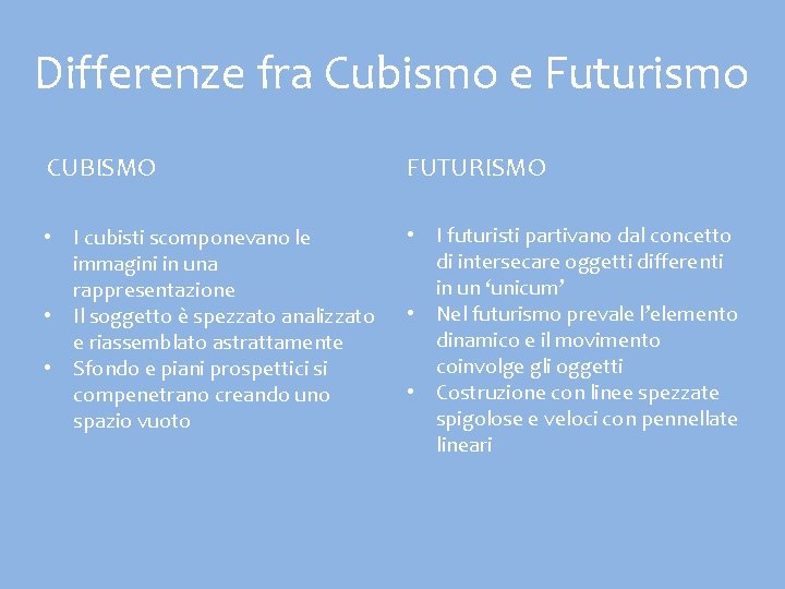 Differenze fra Cubismo e Futurismo CUBISMO FUTURISMO • I cubisti scomponevano le immagini in
