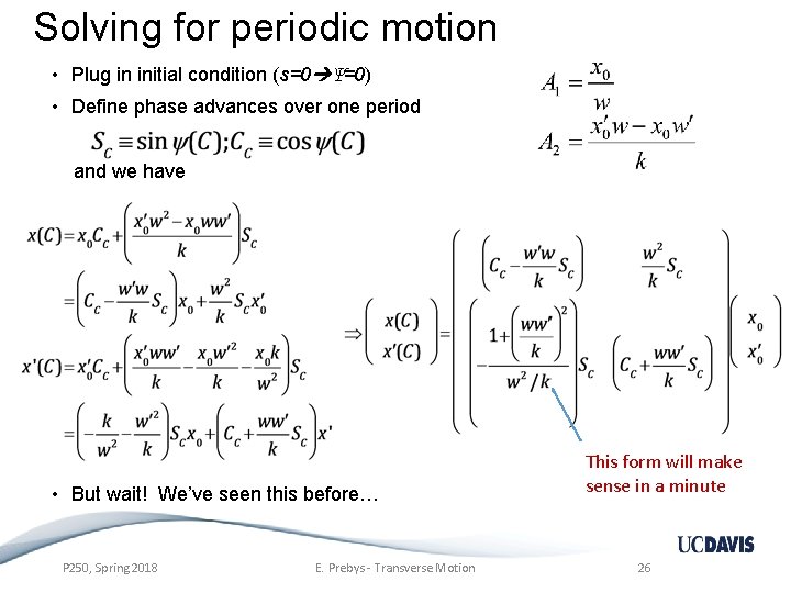 Solving for periodic motion • Plug in initial condition (s=0 Ψ=0) • Define phase