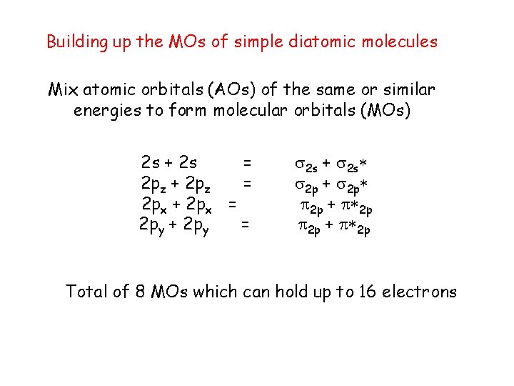 Building up the MOs of simple diatomic molecules Mix atomic orbitals (AOs) of the