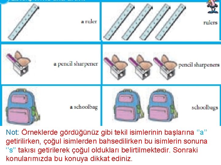 Not: Örneklerde gördüğünüz gibi tekil isimlerinin başlarına ‘’a’’ getirilirken, çoğul isimlerden bahsedilirken bu isimlerin