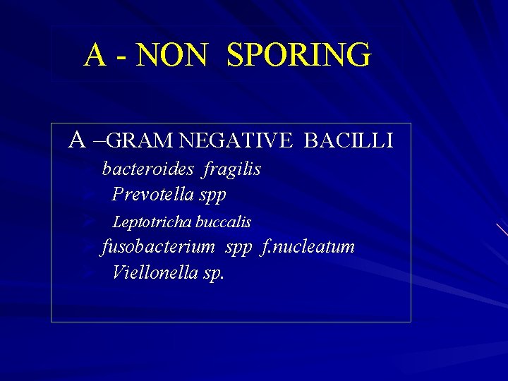 A - NON SPORING A –GRAM NEGATIVE BACILLI Ø bacteroides fragilis Ø Prevotella spp
