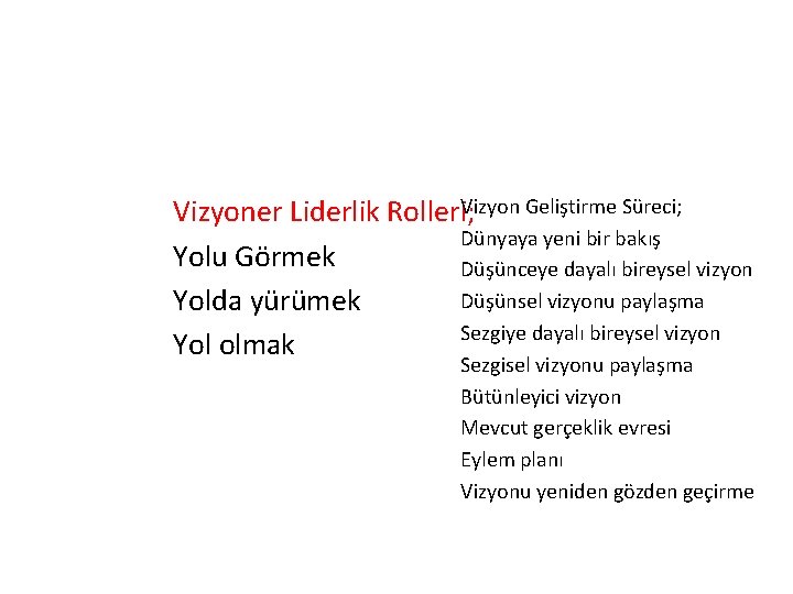Vizyoner Liderlik Rolleri; Vizyon Geliştirme Süreci; Dünyaya yeni bir bakış Yolu Görmek Düşünceye dayalı