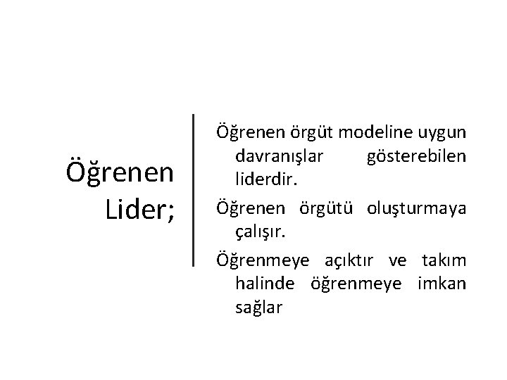 Öğrenen Lider; Öğrenen örgüt modeline uygun davranışlar gösterebilen liderdir. Öğrenen örgütü oluşturmaya çalışır. Öğrenmeye