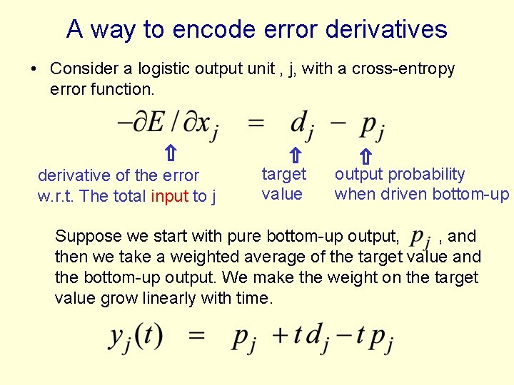 A way to encode error derivatives • Consider a logistic output unit , j,