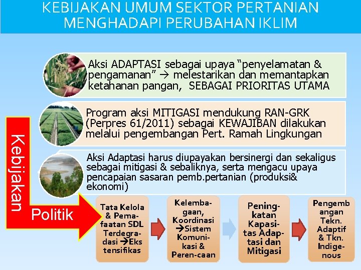 KEBIJAKAN UMUM SEKTOR PERTANIAN MENGHADAPI PERUBAHAN IKLIM Aksi ADAPTASI sebagai upaya “penyelamatan & pengamanan”