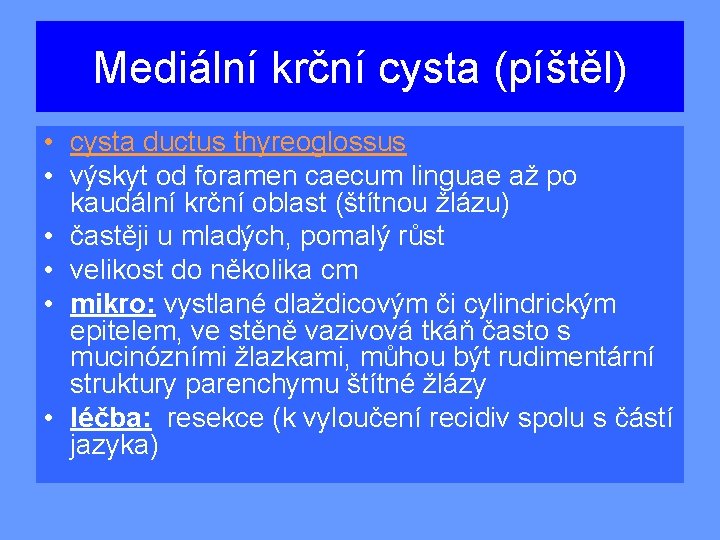 Mediální krční cysta (píštěl) • cysta ductus thyreoglossus • výskyt od foramen caecum linguae